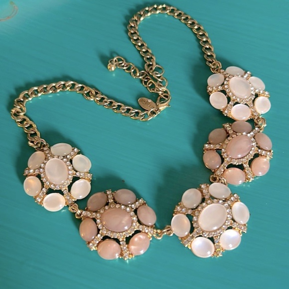 Ann Taylor Statement Mother Of Pearl Medallion Collar Gold Rhinestone Necklace